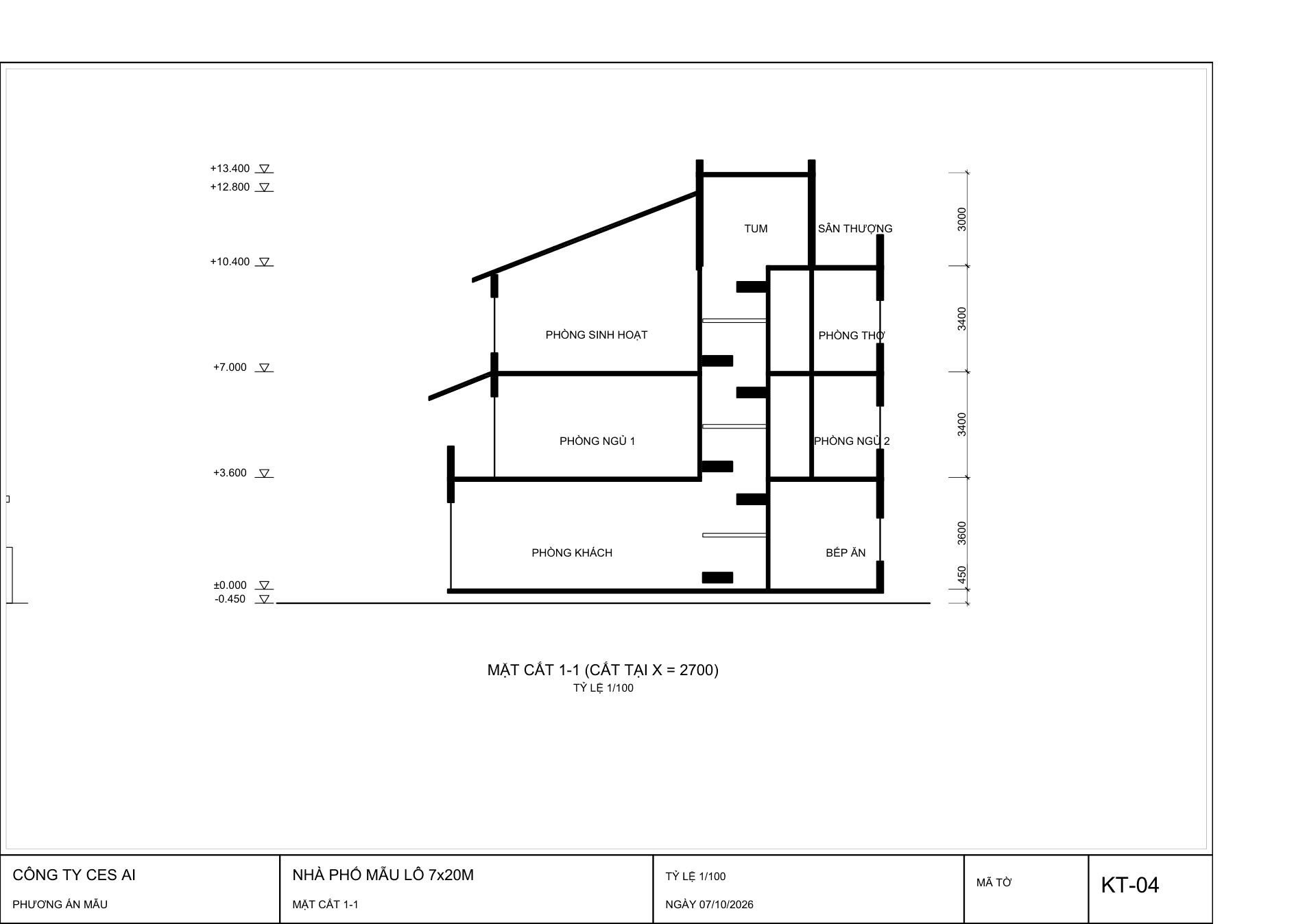Mặt cắt 1-1 thể hiện cao độ và tổ chức không gian của nhà phố 7 × 20 m.