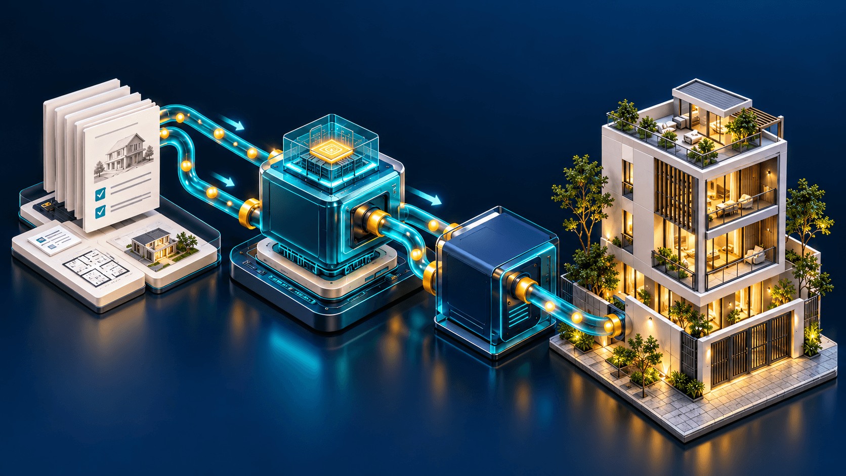 Sơ đồ 3D minh họa luồng công việc
